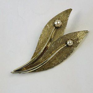 Vintage Gold Leaf Brooch Pin with Pearl Stem Antique Metal Faux Stones
